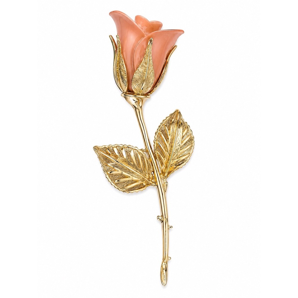 Giovanni Brooch Romantic Vintage Pink Enamel Gold Tone Long Stem Rose Pin w/Box